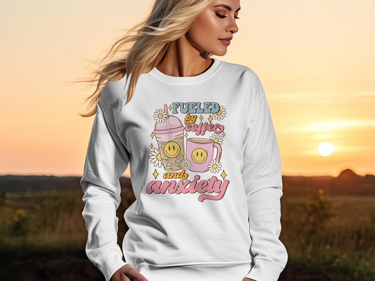 Fueled by Coffee and Anxiety Sweatshirt, Cute Graphic Pullover, Trendy Aesthetic Sweater, Comfy Casual Wear, Unique Illustrated Top, Unisex Heavy Blend™ Crewneck Sweatshirt