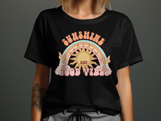 Retro Sunshine and Good Vibes Graphic Tee, Vintage Style T-Shirt, Summer Festival Casual Top, Boho Rainbow Shirt