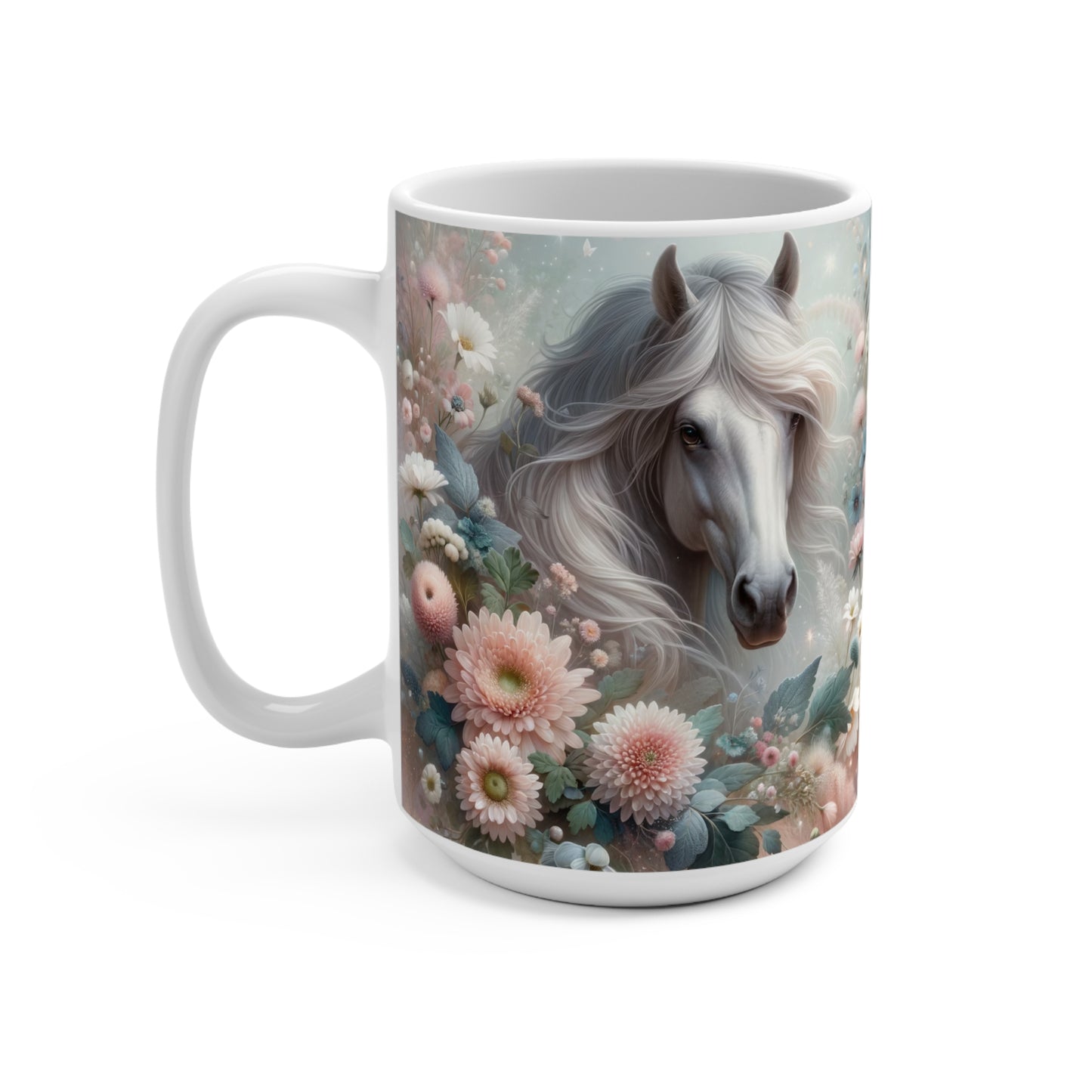 Floral Horse Mug, Enchanted Animal Coffee Cup, Fantasy Equine Art, Gift for Horse Lovers, Dainty Flowers Design, Unique Drinkware, Unique Gift Idea, Mug 15oz