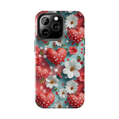 White Flowers Red Polka Dot Hearts Digital print Design Tough Phone Case compatible with a large variety of iPhone models, Gift, Phone Case