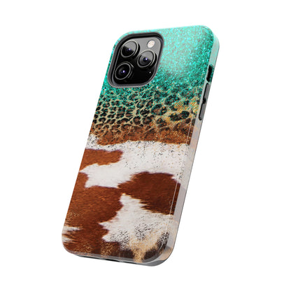 Western Cow Print, Teal, and Leopard print Design Phone Case- Lightweight, Impact Resistant Cover for iPhone 6, 6s, 12, 13, 14, 15