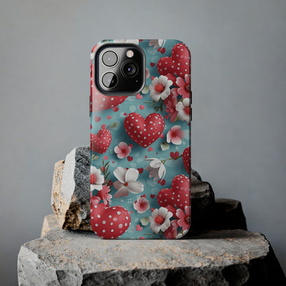 Pink White Flowers Red Hearts Digital print Design Tough Phone Case compatible with a large variety of iPhone models, Gift, Phone Case