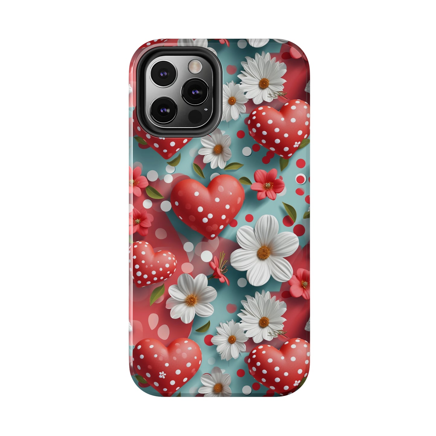 White Flowers Red Polka Dot Hearts Digital print Design Tough Phone Case compatible with a large variety of iPhone models, Gift, Phone Case