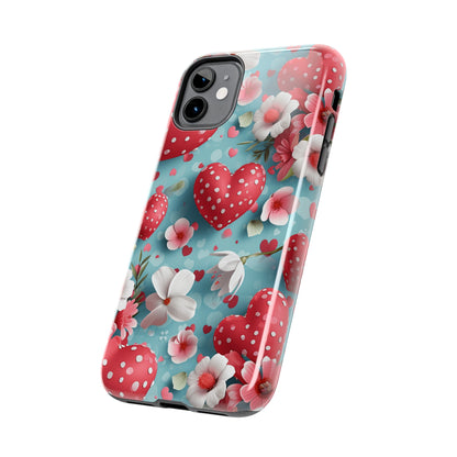 Pink White Flowers Red Hearts Digital print Design Tough Phone Case compatible with a large variety of iPhone models, Gift, Phone Case