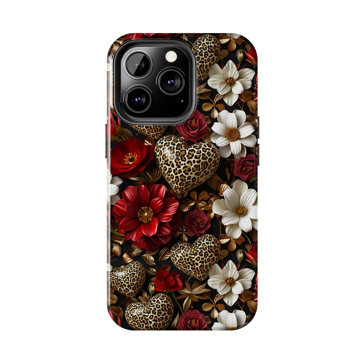 Red Gold Flowers Leopard Hearts Digital print Design Tough Phone Case compatible with a large variety of iPhone models, Gift, Phone Case