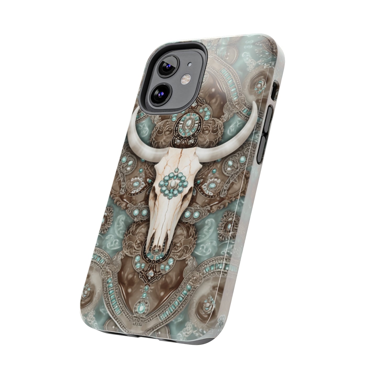 Western Cow Skull and Turquoise print design Phone Case- Lightweight, Impact Resistant Cover for iPhone 6, 6s, 12, 13, 14, 15