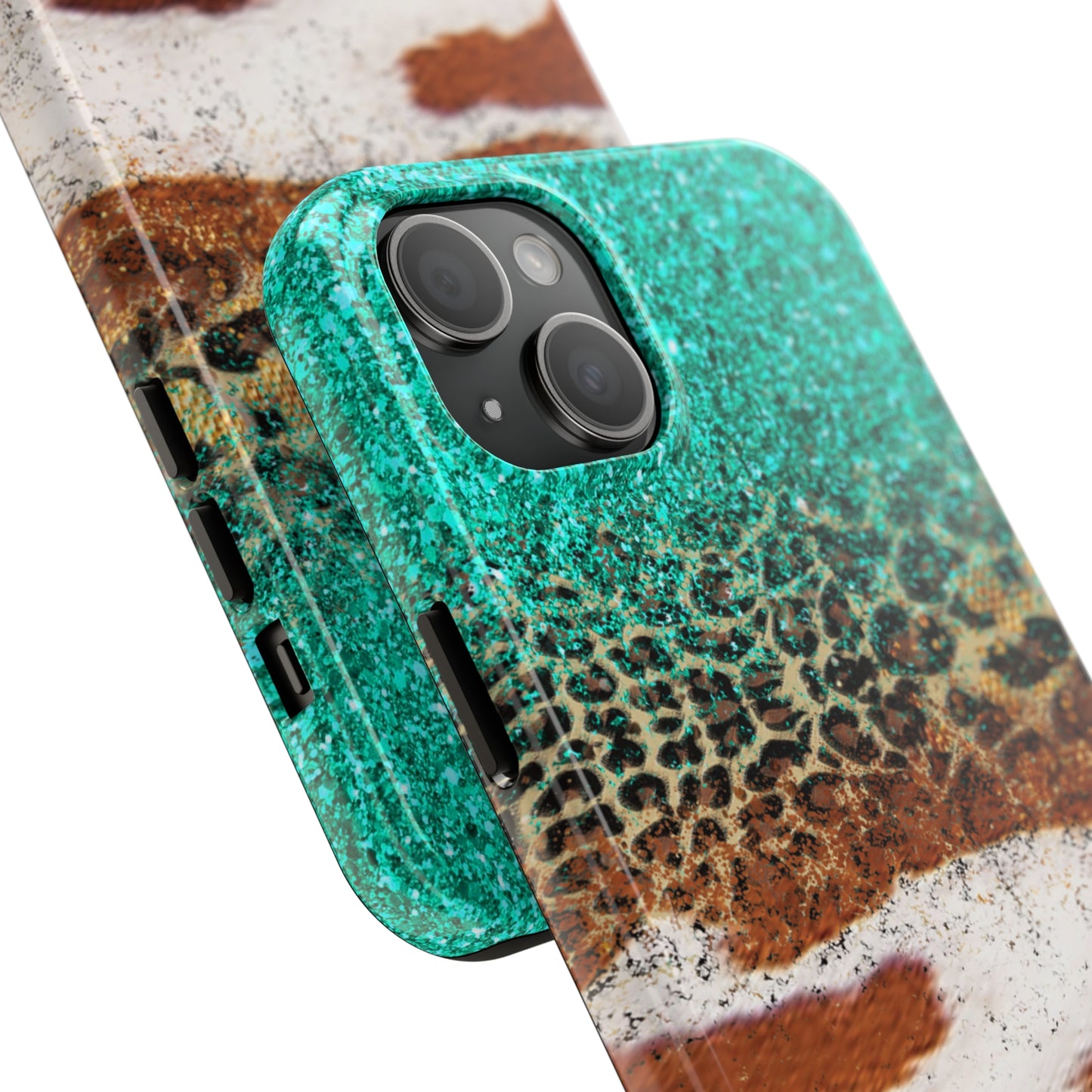 Western Cow Print, Teal, and Leopard print Design Phone Case- Lightweight, Impact Resistant Cover for iPhone 6, 6s, 12, 13, 14, 15