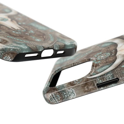 Western Cow Skull and Turquoise print design Phone Case- Lightweight, Impact Resistant Cover for iPhone 6, 6s, 12, 13, 14, 15