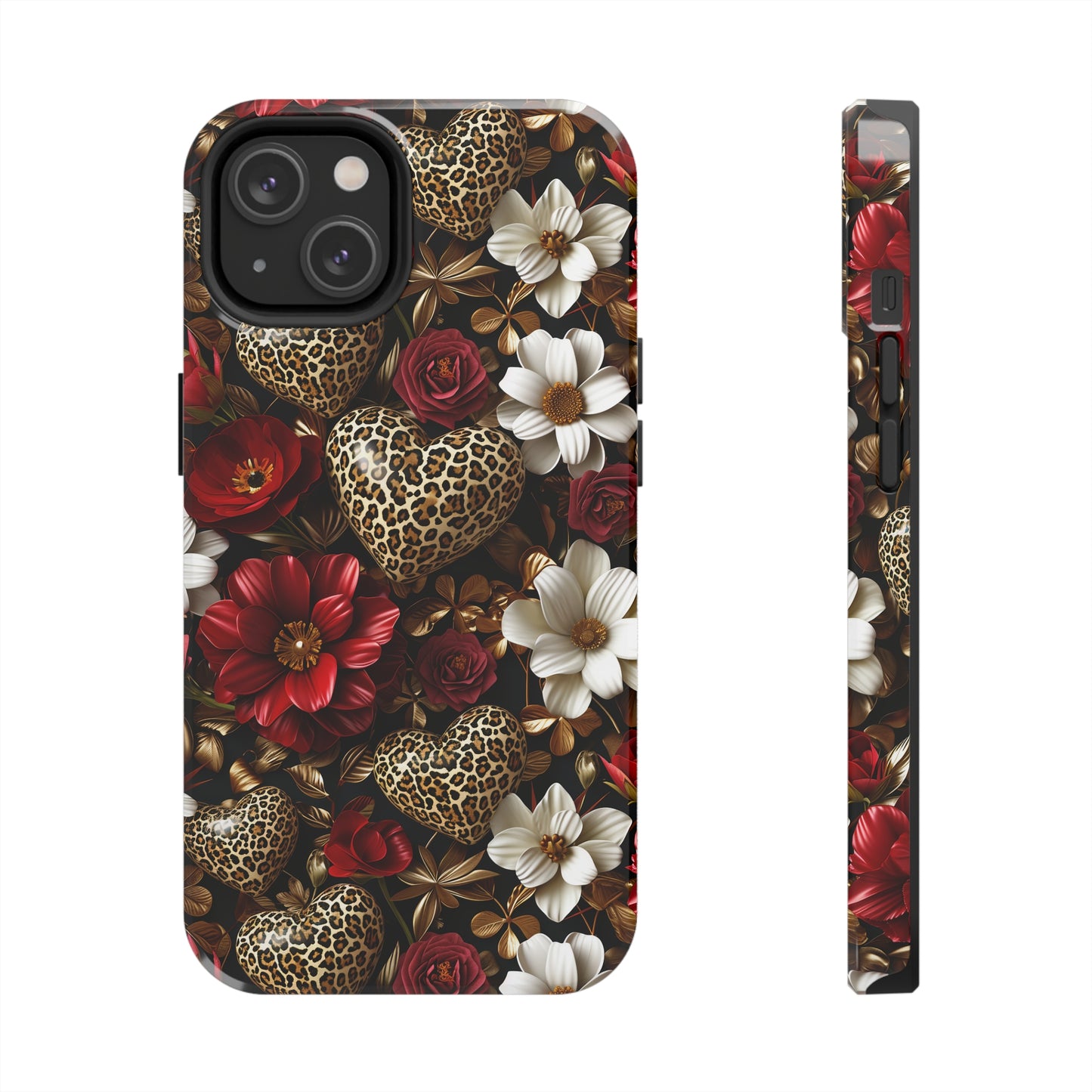 Red Gold Flowers Leopard Hearts Digital print Design Tough Phone Case compatible with a large variety of iPhone models, Gift, Phone Case