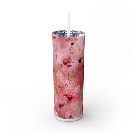 Pink Grunge Floral Design Skinny Tumbler with Straw, 20oz