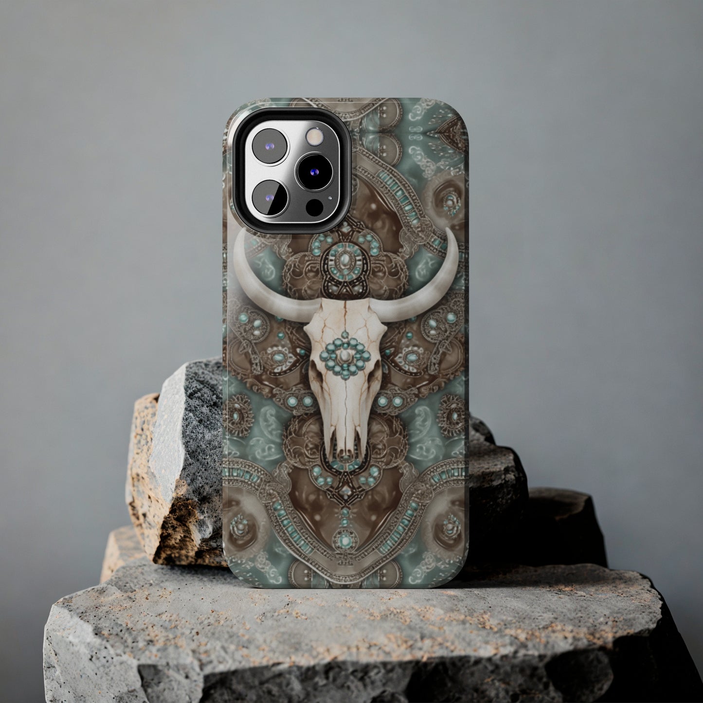 Western Cow Skull and Turquoise print design Phone Case- Lightweight, Impact Resistant Cover for iPhone 6, 6s, 12, 13, 14, 15