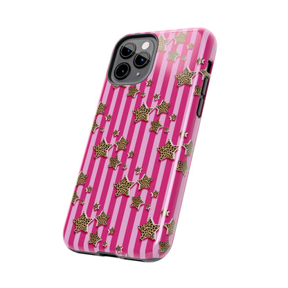 Girly Cheetah Stars and Pink Stripes Design Phone Case- Lightweight, Impact Resistant Cover for iPhone 6, 6s, 12, 13, 14, 15