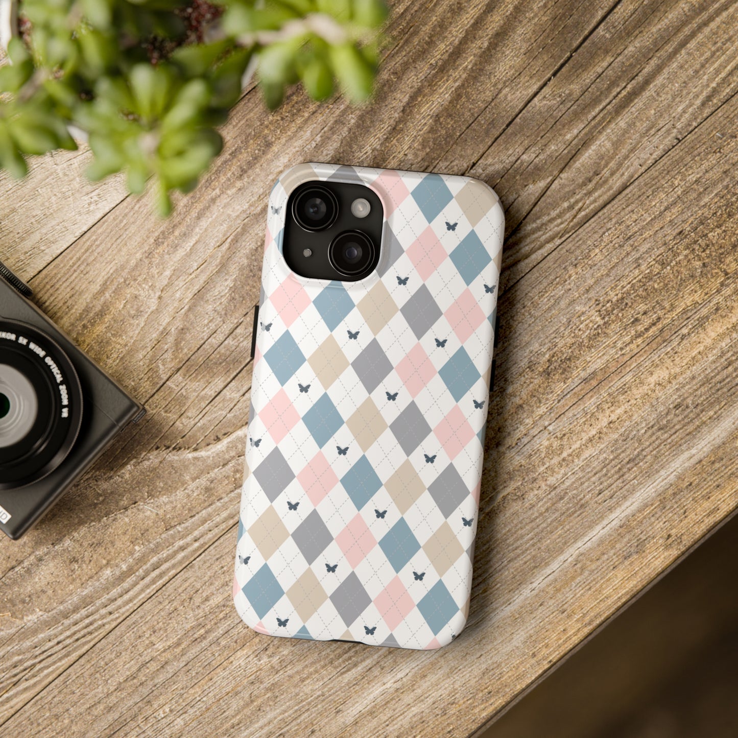 Argyle Pastel Plaid and Butterflies print design Tough Phone Case compatible with a large variety of iphone models