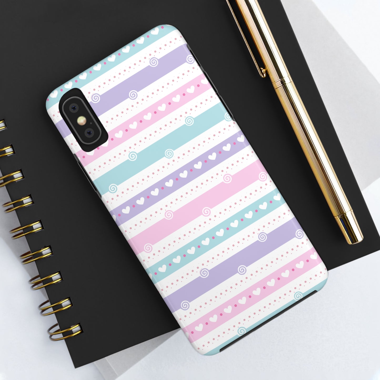 Pastel Stripes and Hearts print design Tough Phone Case compatible with a large variety of iphone models