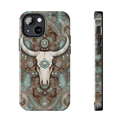 Western Cow Skull and Turquoise print design Phone Case- Lightweight, Impact Resistant Cover for iPhone 6, 6s, 12, 13, 14, 15