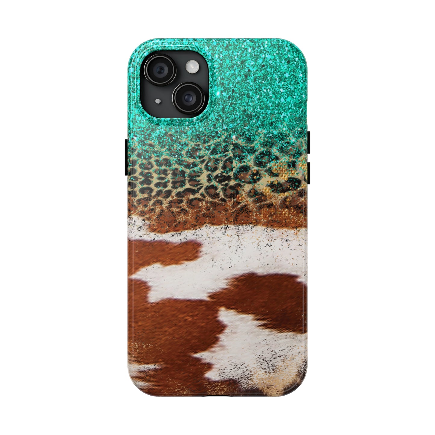 Western Cow Print, Teal, and Leopard print Design Phone Case- Lightweight, Impact Resistant Cover for iPhone 6, 6s, 12, 13, 14, 15