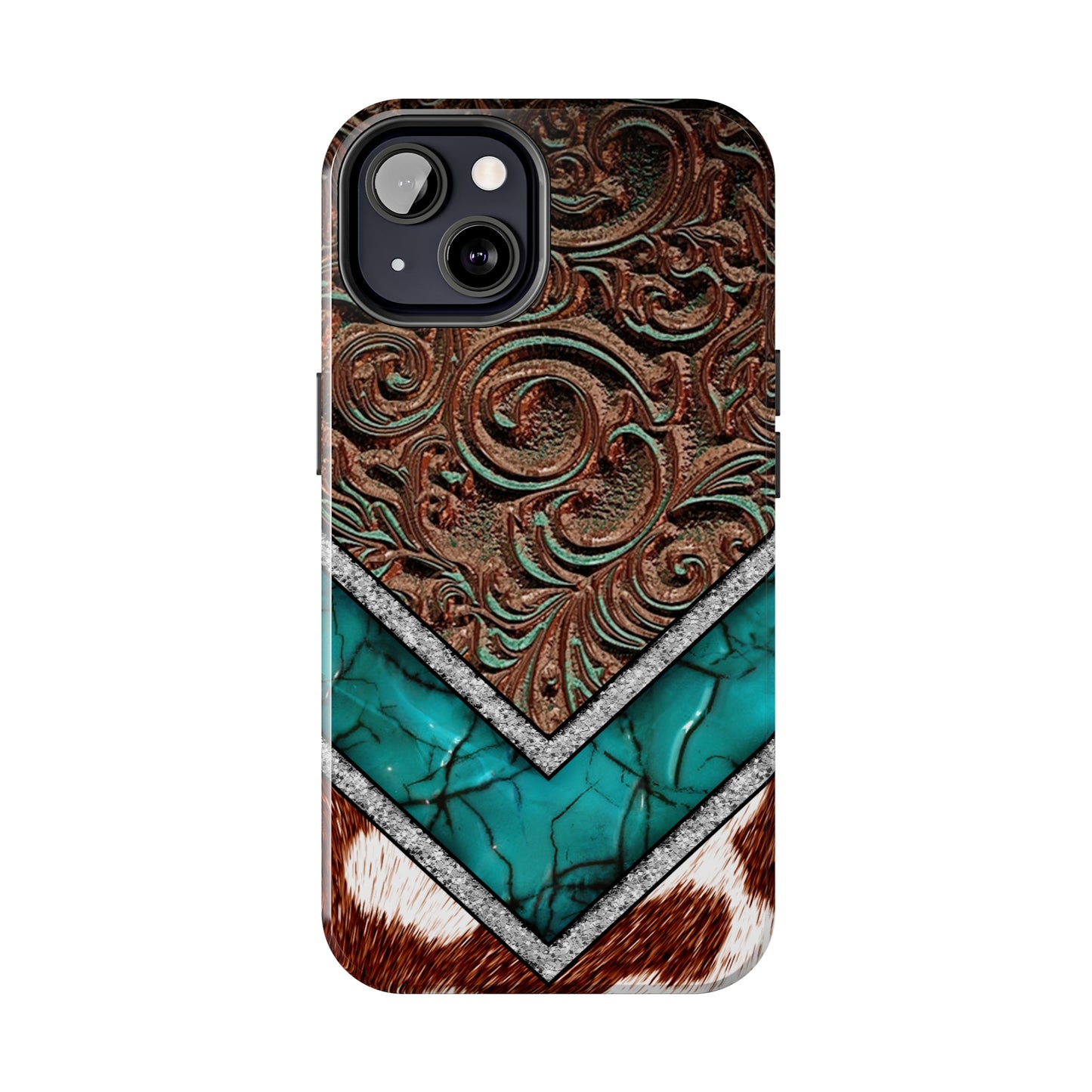 Western Cow Print, Faux Turquoise and Leather Digital print design Phone Case- Lightweight, Impact Resistant Cover for iPhone 6, 6s, 12, 13, 14, 15