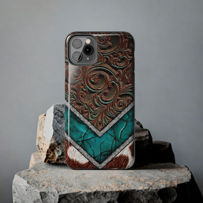 Western Cow Print, Faux Turquoise and Leather Digital print design Phone Case- Lightweight, Impact Resistant Cover for iPhone 6, 6s, 12, 13, 14, 15