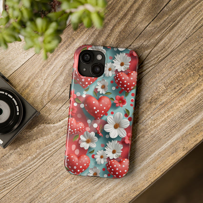 White Flowers Red Polka Dot Hearts Digital print Design Tough Phone Case compatible with a large variety of iPhone models, Gift, Phone Case