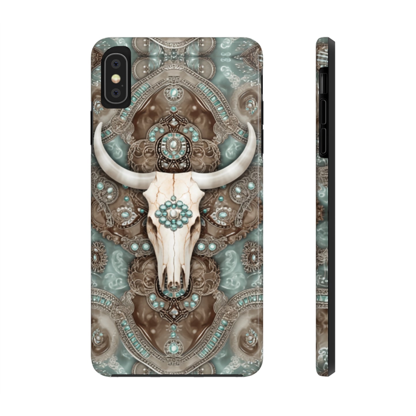 Western Cow Skull and Turquoise print design Phone Case- Lightweight, Impact Resistant Cover for iPhone 6, 6s, 12, 13, 14, 15