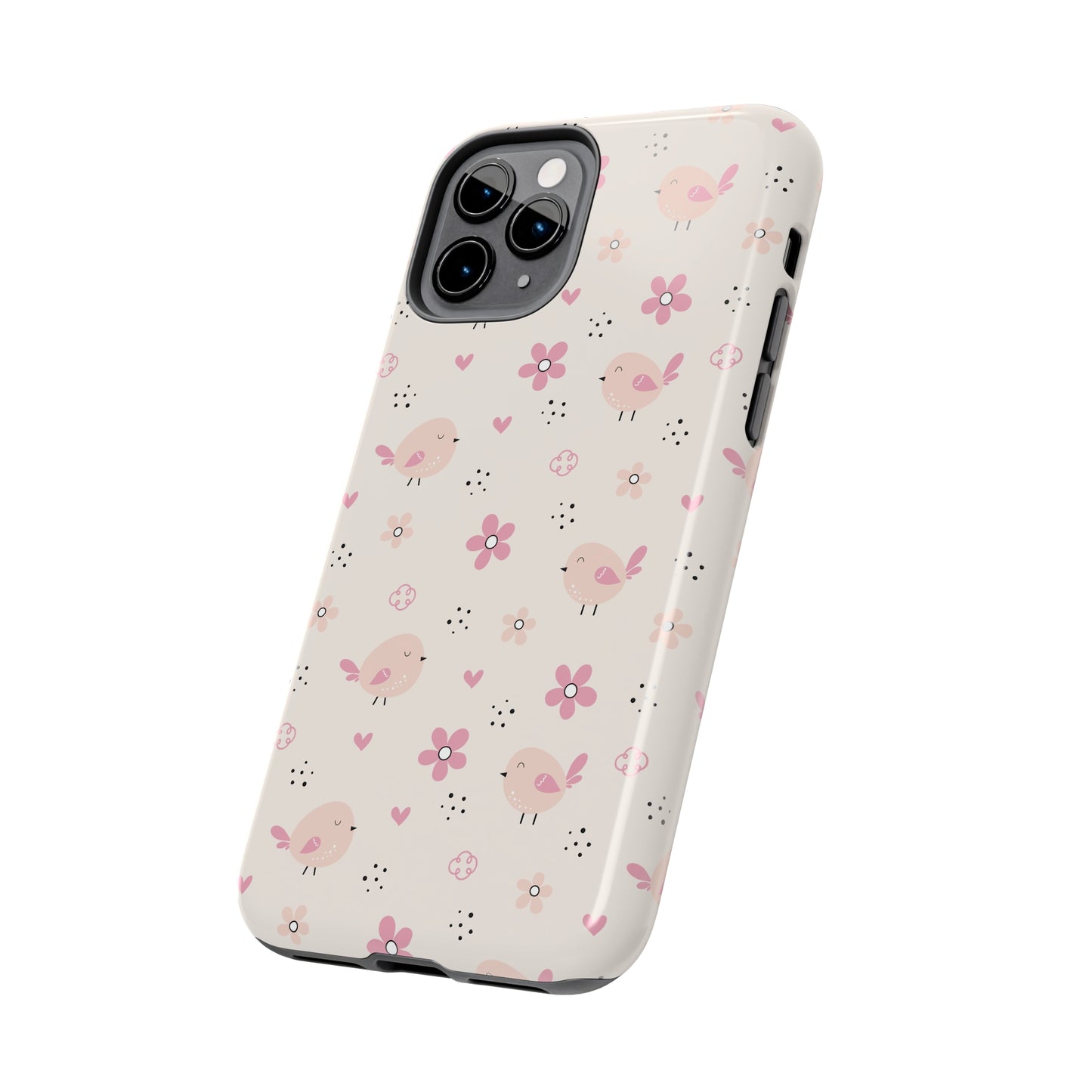 Cute Pink Birds and Flowers print design Tough Phone Case compatible with a large variety of iphone models