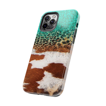 Western Cow Print, Teal, and Leopard print Design Phone Case- Lightweight, Impact Resistant Cover for iPhone 6, 6s, 12, 13, 14, 15