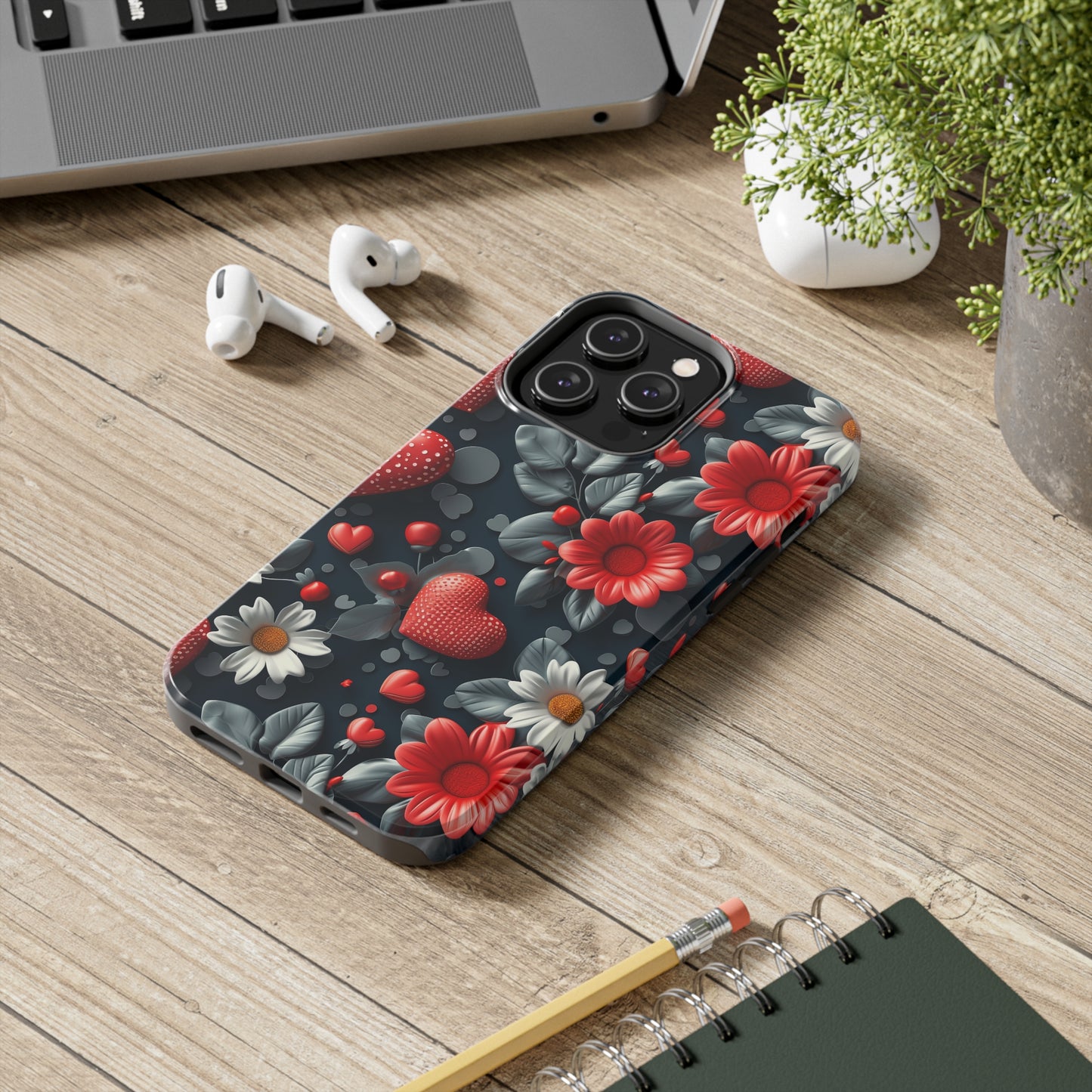 3D Flowers and Red Hearts Digital print Design Tough Phone Case compatible with a large variety of iPhone models, Gift, Phone Case