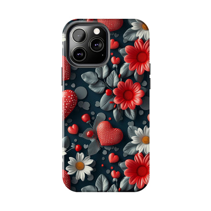 3D Flowers and Red Hearts Digital print Design Tough Phone Case compatible with a large variety of iPhone models, Gift, Phone Case