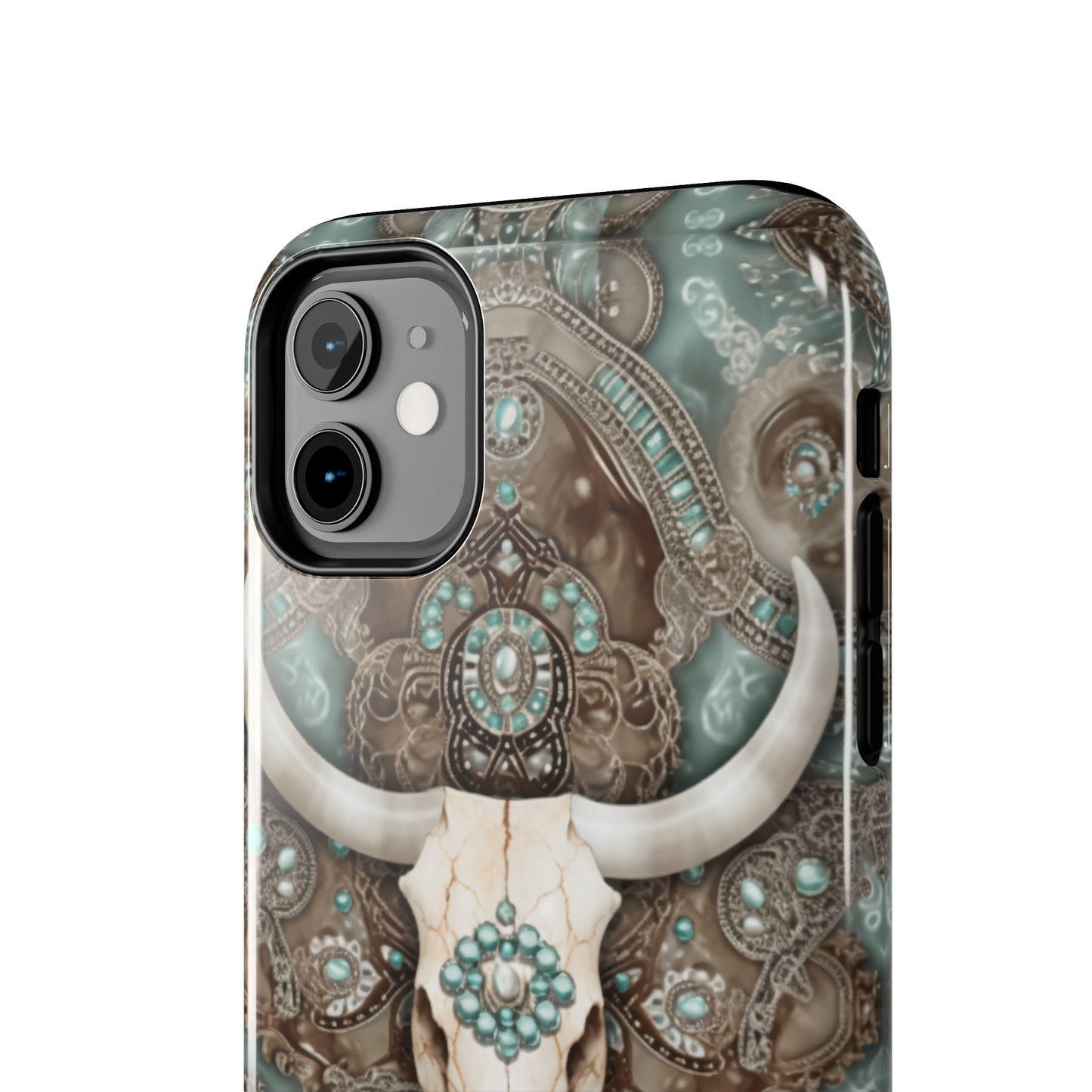 Western Cow Skull and Turquoise print design Phone Case- Lightweight, Impact Resistant Cover for iPhone 6, 6s, 12, 13, 14, 15