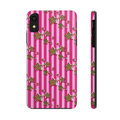 Girly Cheetah Stars and Pink Stripes Design Phone Case- Lightweight, Impact Resistant Cover for iPhone 6, 6s, 12, 13, 14, 15