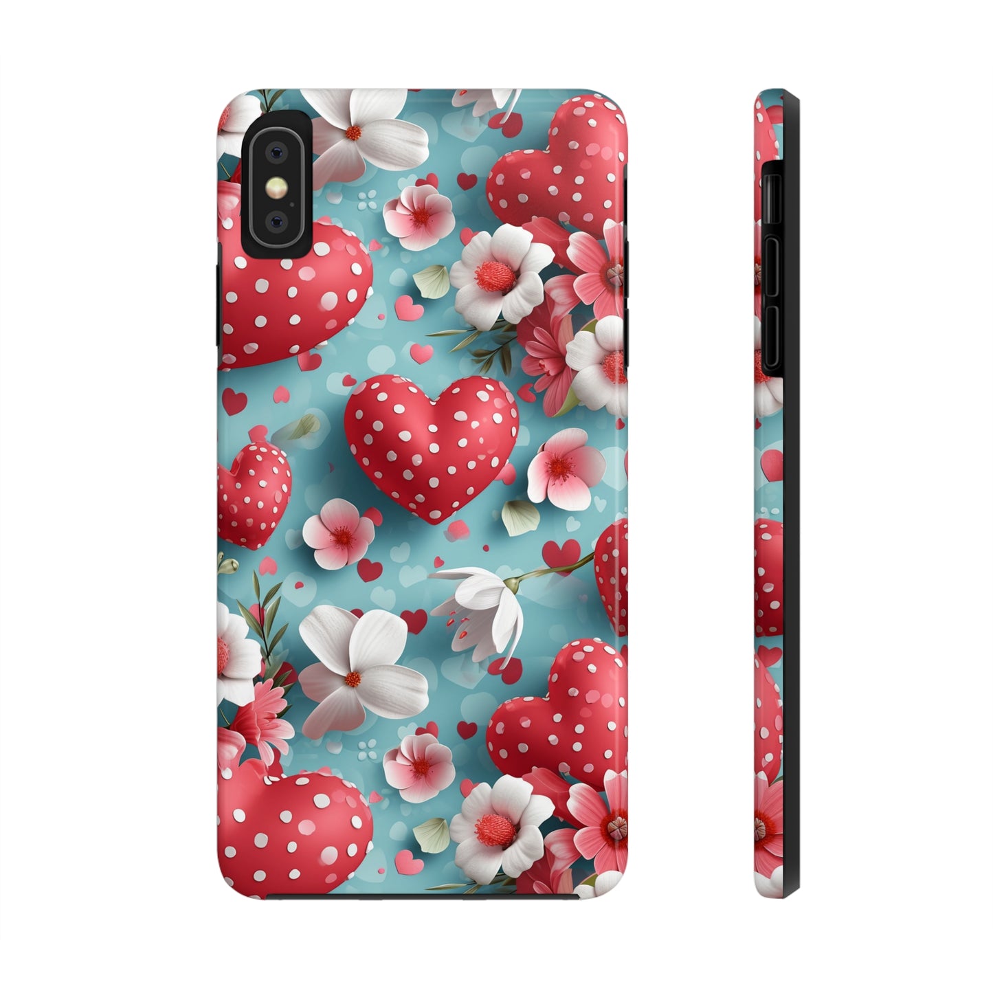 Pink White Flowers Red Hearts Digital print Design Tough Phone Case compatible with a large variety of iPhone models, Gift, Phone Case