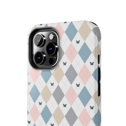 Argyle Pastel Plaid and Butterflies print design Tough Phone Case compatible with a large variety of iphone models