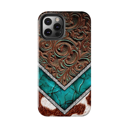 Western Cow Print, Faux Turquoise and Leather Digital print design Phone Case- Lightweight, Impact Resistant Cover for iPhone 6, 6s, 12, 13, 14, 15