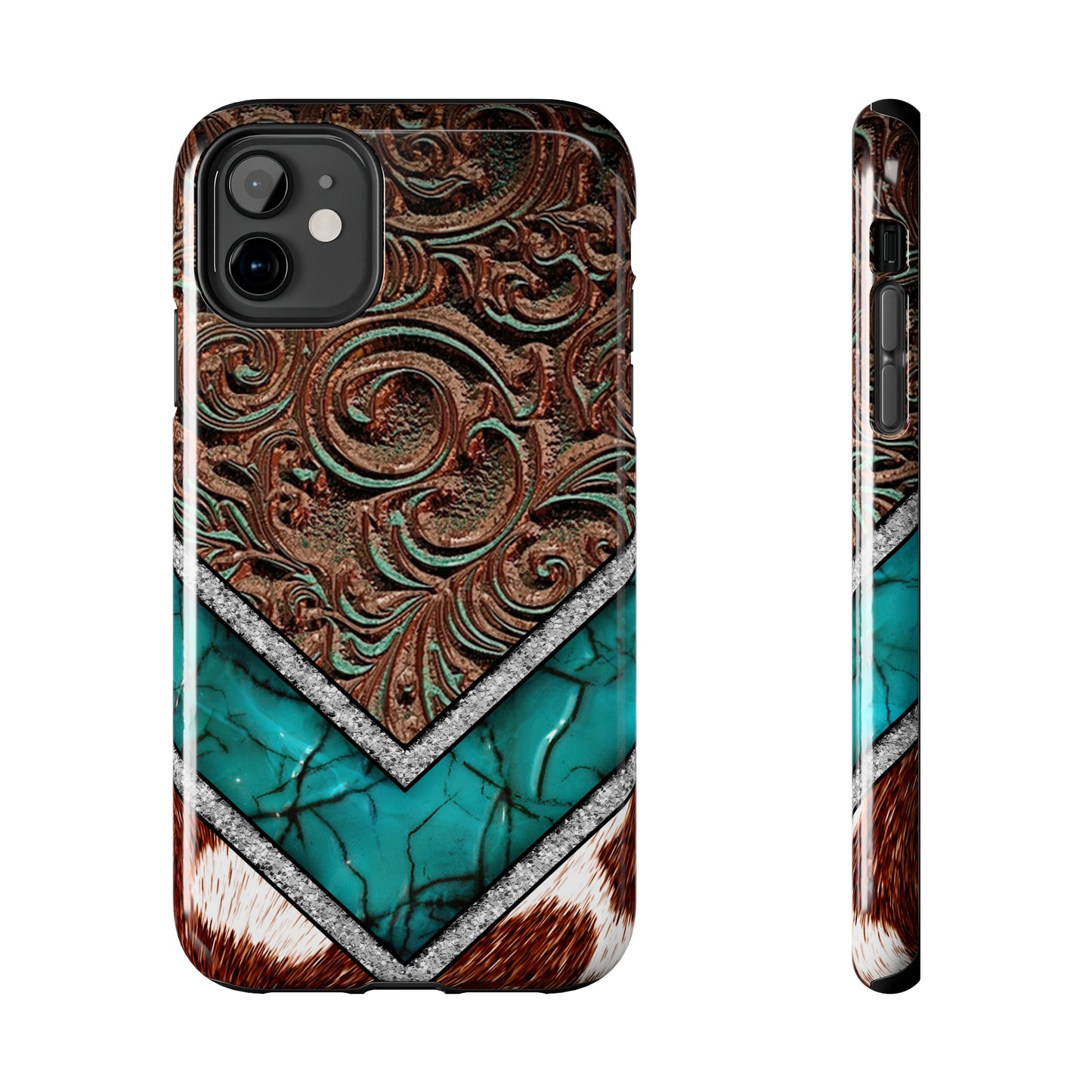 Western Cow Print, Faux Turquoise and Leather Digital print design Phone Case- Lightweight, Impact Resistant Cover for iPhone 6, 6s, 12, 13, 14, 15