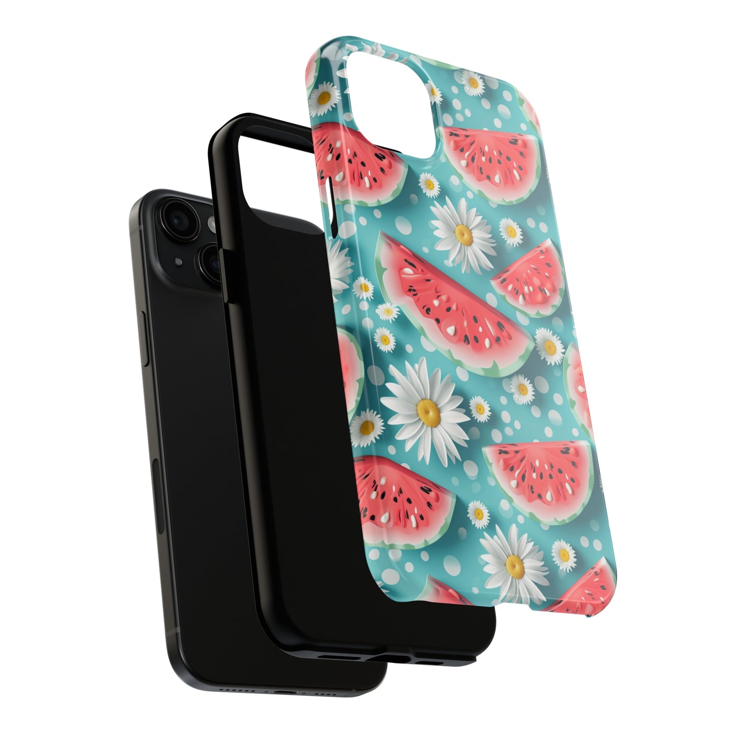 Watermelon Slices and Daisies Digital print Design Tough Phone Case compatible with a large variety of iPhone models, Gift, Phone Case