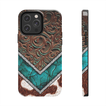 Western Cow Print, Faux Turquoise and Leather Digital print design Phone Case- Lightweight, Impact Resistant Cover for iPhone 6, 6s, 12, 13, 14, 15