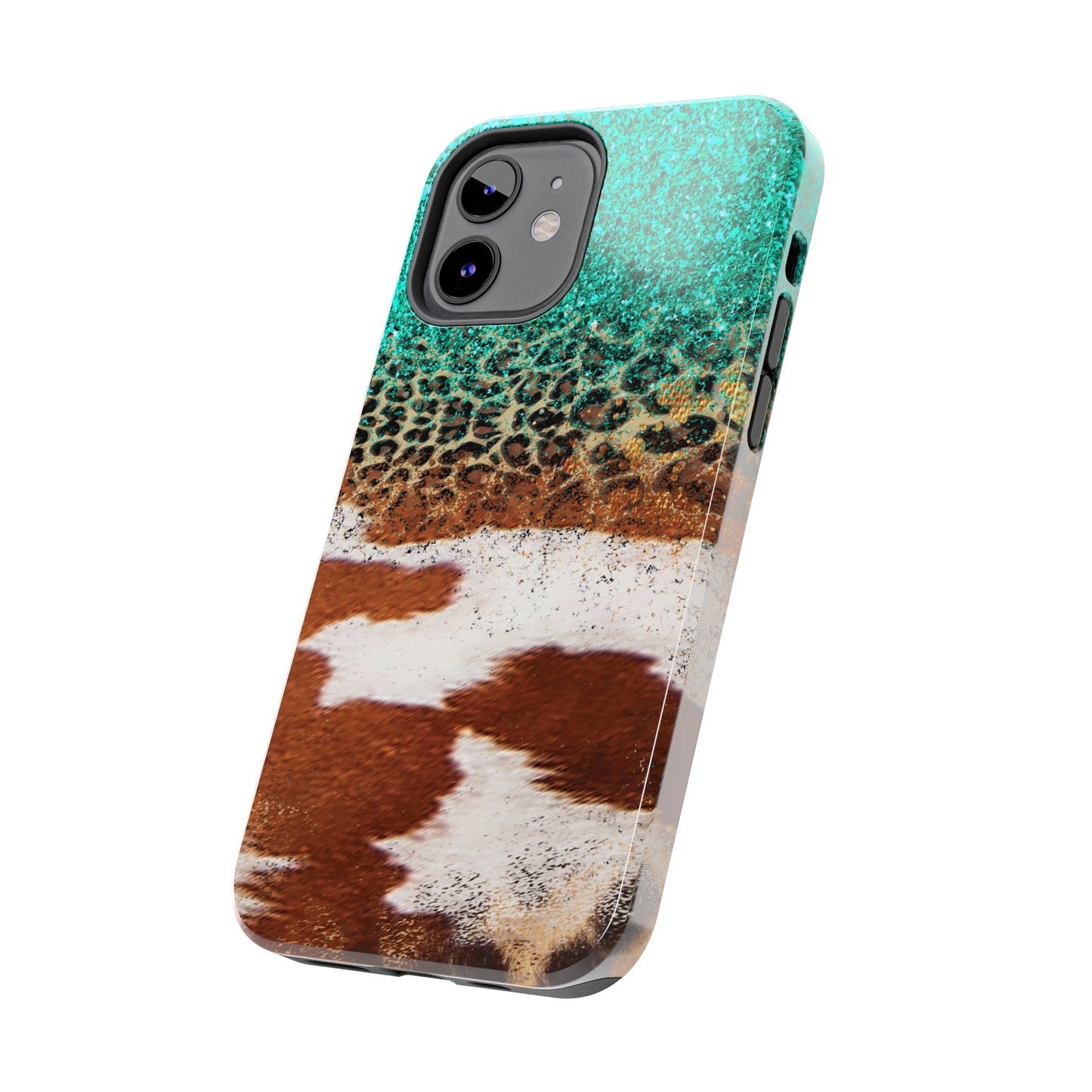 Western Cow Print, Teal, and Leopard print Design Phone Case- Lightweight, Impact Resistant Cover for iPhone 6, 6s, 12, 13, 14, 15