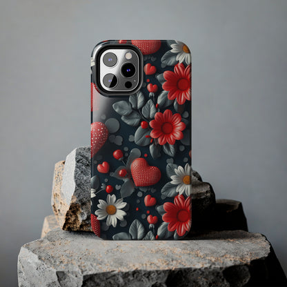 3D Flowers and Red Hearts Digital print Design Tough Phone Case compatible with a large variety of iPhone models, Gift, Phone Case