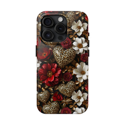 Red Gold Flowers Leopard Hearts Digital print Design Tough Phone Case compatible with a large variety of iPhone models, Gift, Phone Case