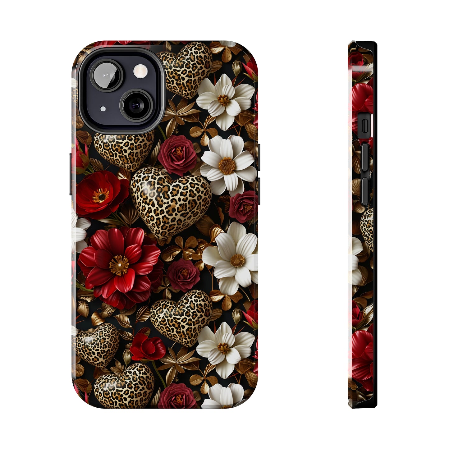 Red Gold Flowers Leopard Hearts Digital print Design Tough Phone Case compatible with a large variety of iPhone models, Gift, Phone Case