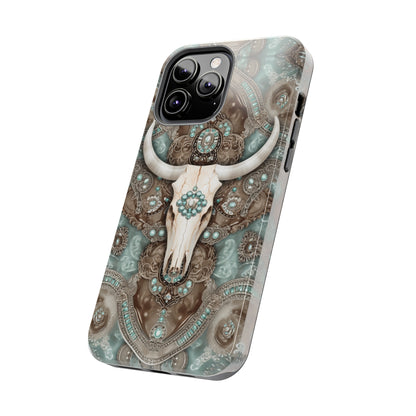 Western Cow Skull and Turquoise print design Phone Case- Lightweight, Impact Resistant Cover for iPhone 6, 6s, 12, 13, 14, 15