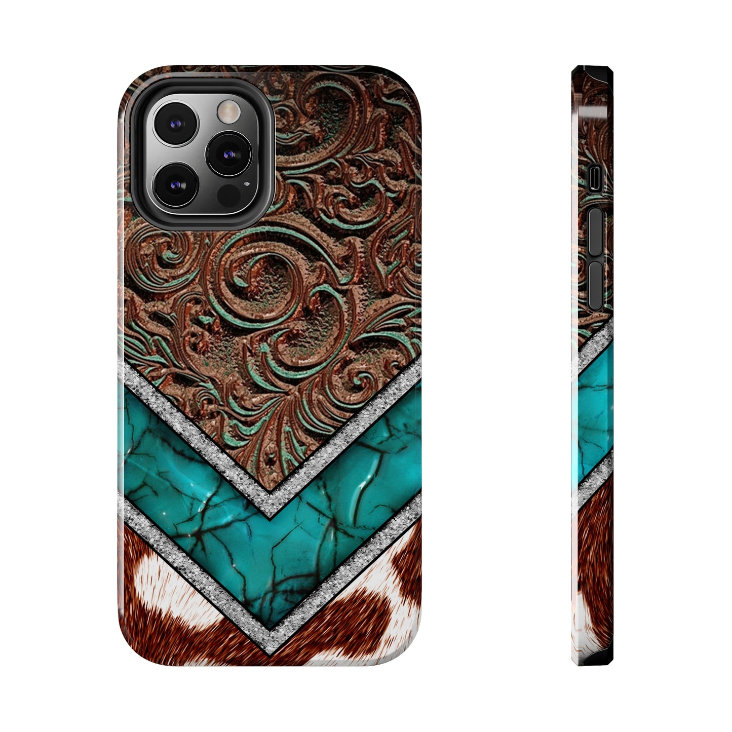 Western Cow Print, Faux Turquoise and Leather Digital print design Phone Case- Lightweight, Impact Resistant Cover for iPhone 6, 6s, 12, 13, 14, 15