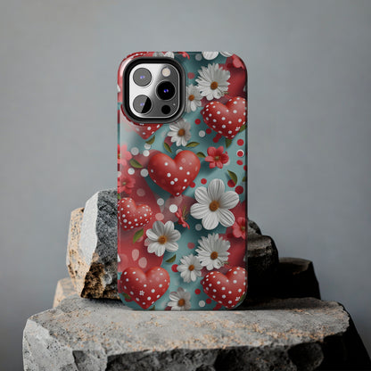 White Flowers Red Polka Dot Hearts Digital print Design Tough Phone Case compatible with a large variety of iPhone models, Gift, Phone Case