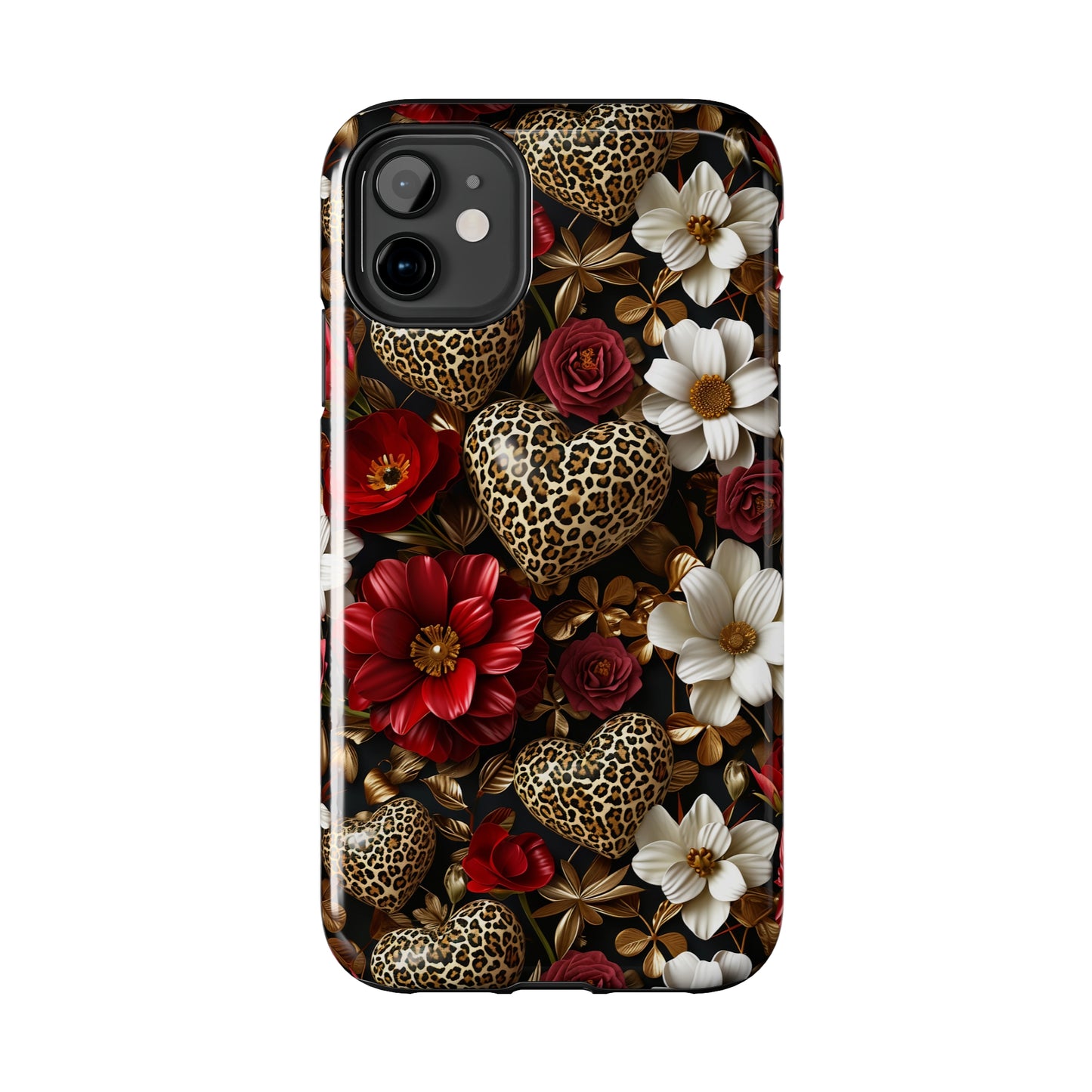 Red Gold Flowers Leopard Hearts Digital print Design Tough Phone Case compatible with a large variety of iPhone models, Gift, Phone Case