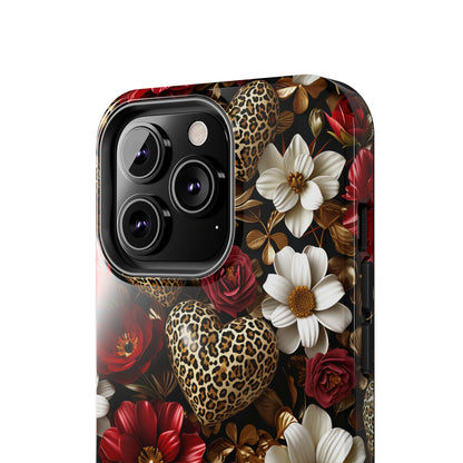 Red Gold Flowers Leopard Hearts Digital print Design Tough Phone Case compatible with a large variety of iPhone models, Gift, Phone Case