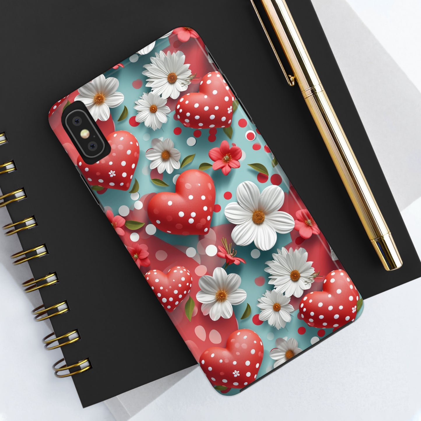 White Flowers Red Polka Dot Hearts Digital print Design Tough Phone Case compatible with a large variety of iPhone models, Gift, Phone Case