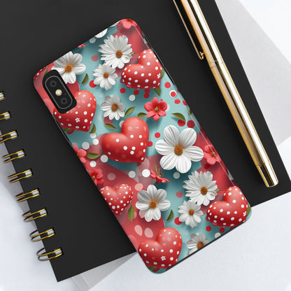 White Flowers Red Polka Dot Hearts Digital print Design Tough Phone Case compatible with a large variety of iPhone models, Gift, Phone Case