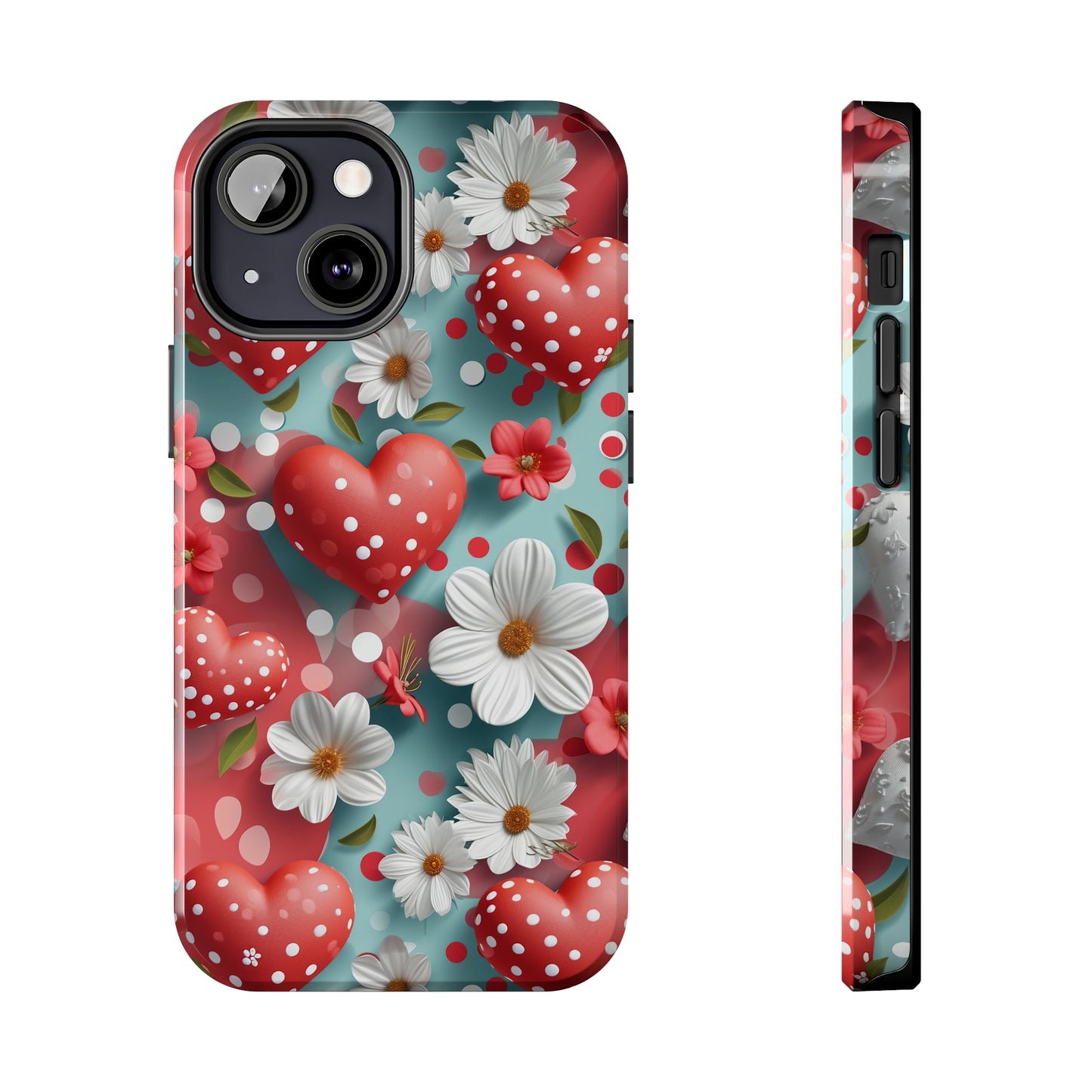 White Flowers Red Polka Dot Hearts Digital print Design Tough Phone Case compatible with a large variety of iPhone models, Gift, Phone Case