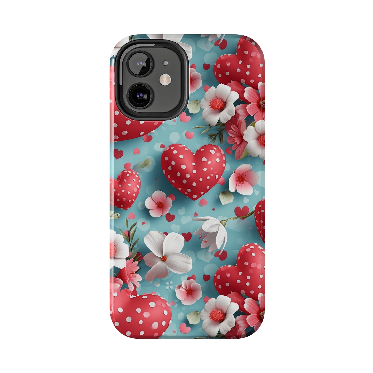 Pink White Flowers Red Hearts Digital print Design Tough Phone Case compatible with a large variety of iPhone models, Gift, Phone Case