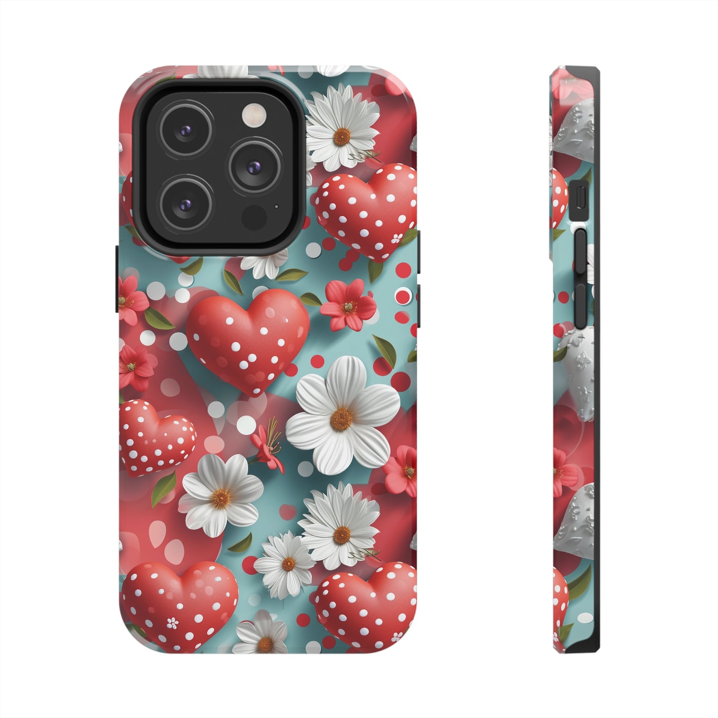 White Flowers Red Polka Dot Hearts Digital print Design Tough Phone Case compatible with a large variety of iPhone models, Gift, Phone Case